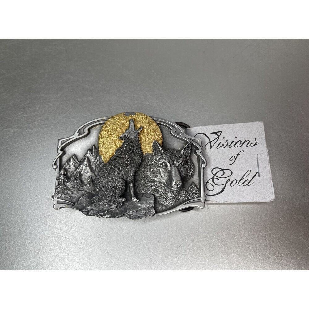 VINTAGE Siskiyou Belt Buckle Wolf Howling Full Moon Made In USA 18KT Gold New!